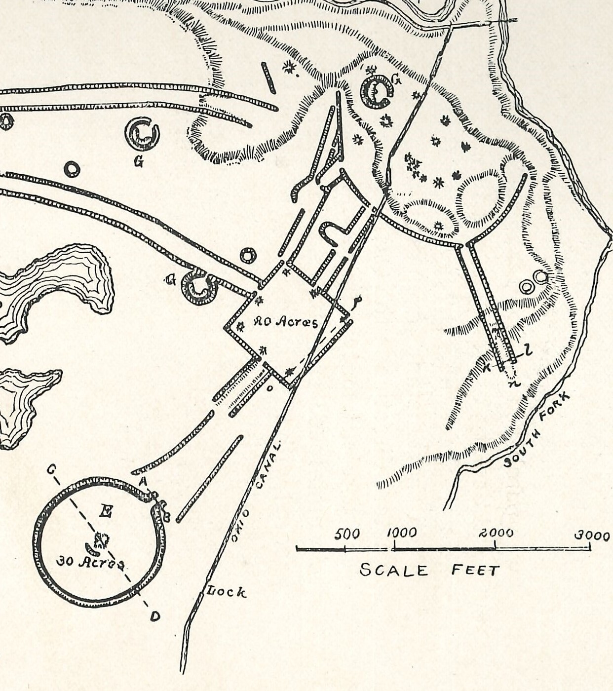 Detail view of map of Earthworks with Wright Earthworks and the Great Circle