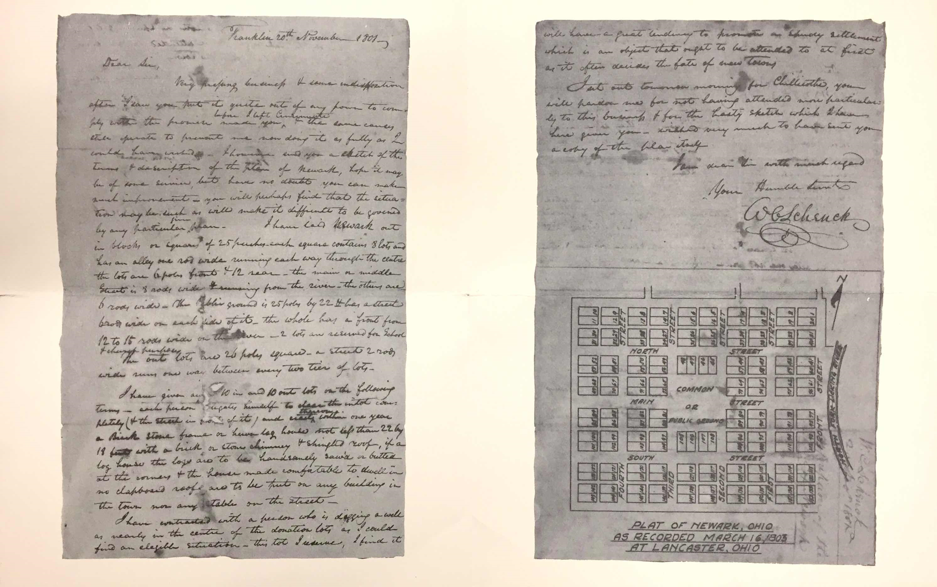 1803 letter and map establishing Newark as a city, written by William Schenck