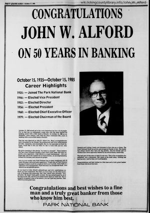 Newspaper article congratulating Alford on 50 years at Park National Bank.