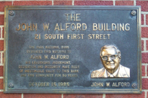Marker dedicating the building at 21 South First Street in Alford's honor.