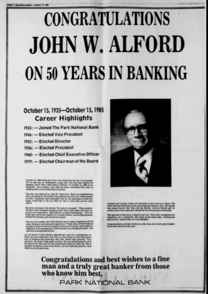 Newspaper article congratulating Alford on 50 years at Park National Bank.